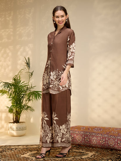 Abstract Floral Printed Straight Fit Co-ord Set - Brown