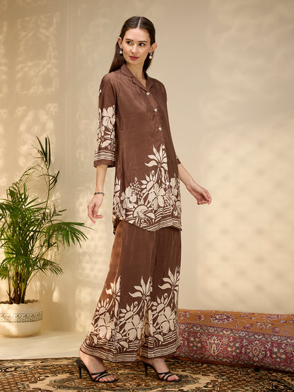 Abstract Floral Printed Straight Fit Co-ord Set - Brown