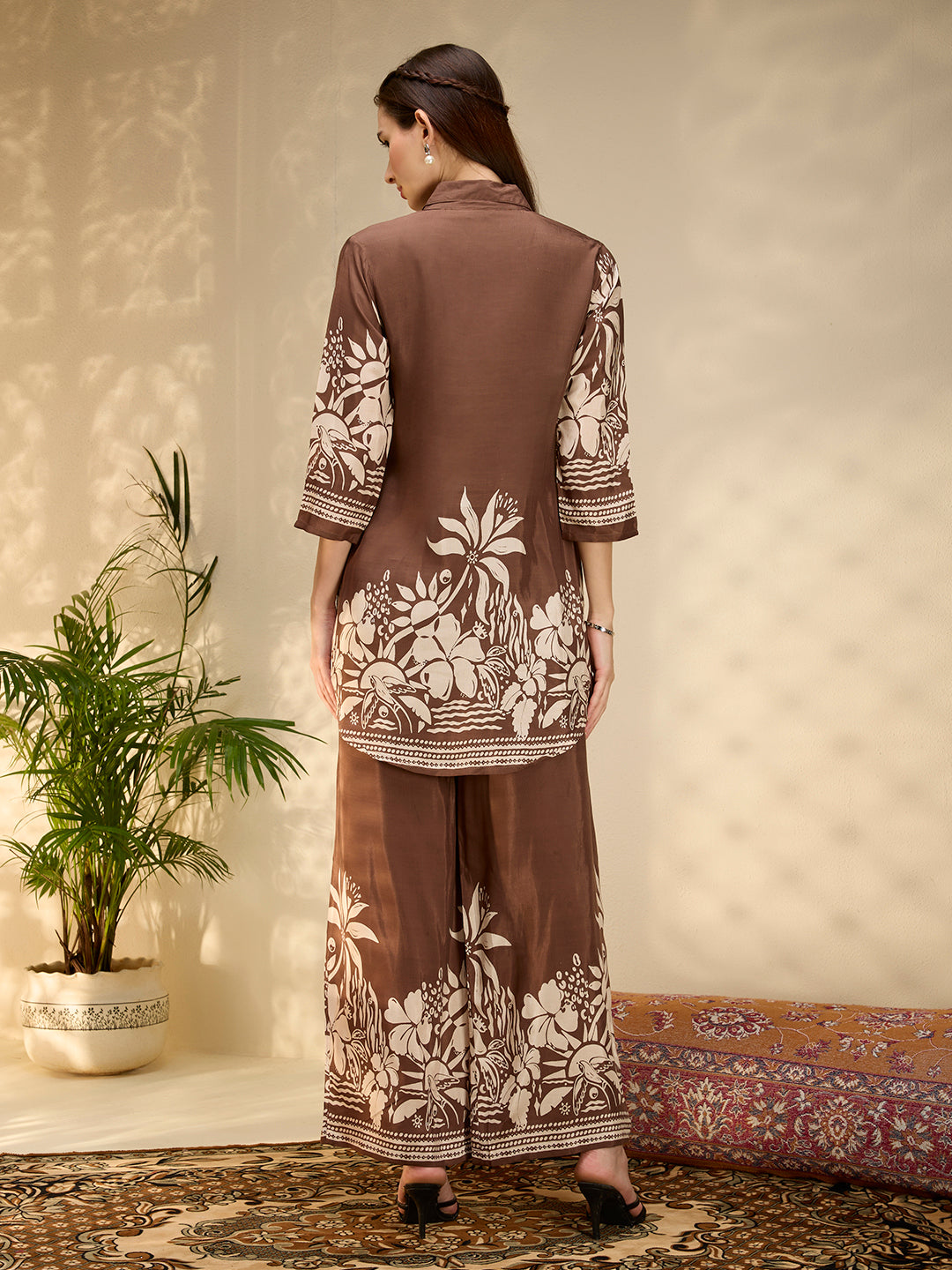 Abstract Floral Printed Straight Fit Co-ord Set - Brown