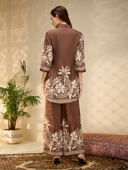 Abstract Floral Printed Straight Fit Co-ord Set - Brown