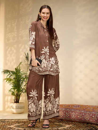 Abstract Floral Printed Straight Fit Co-ord Set - Brown