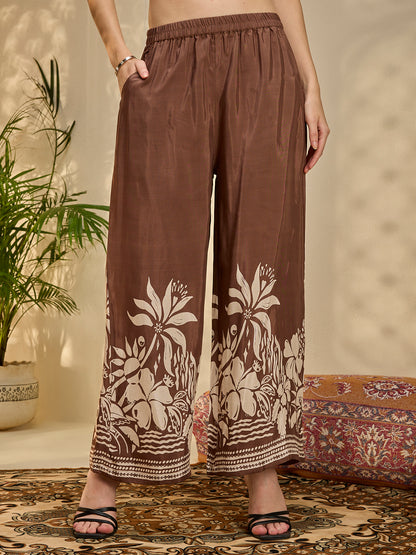 Abstract Floral Printed Straight Fit Co-ord Set - Brown