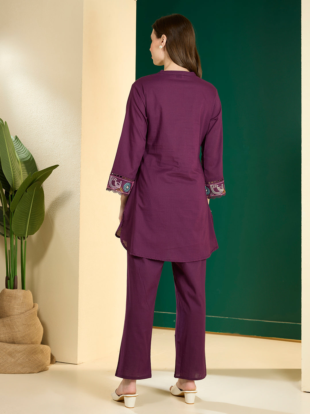 Solid Ethnic Embroidered Straight Kurta with Pant - Burgundy