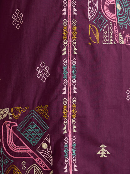 Solid Ethnic Embroidered Straight Kurta with Pant - Burgundy