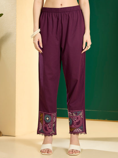 Solid Ethnic Embroidered Straight Kurta with Pant - Burgundy