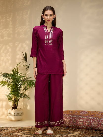 Solid Mirror Work Embroidered Straight Fit Co-ord Set - Burgundy