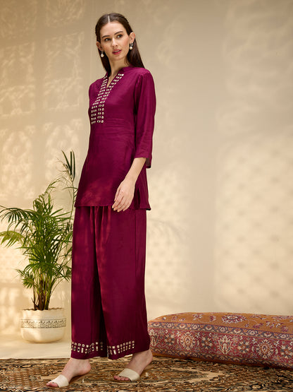 Solid Mirror Work Embroidered Straight Fit Co-ord Set - Burgundy