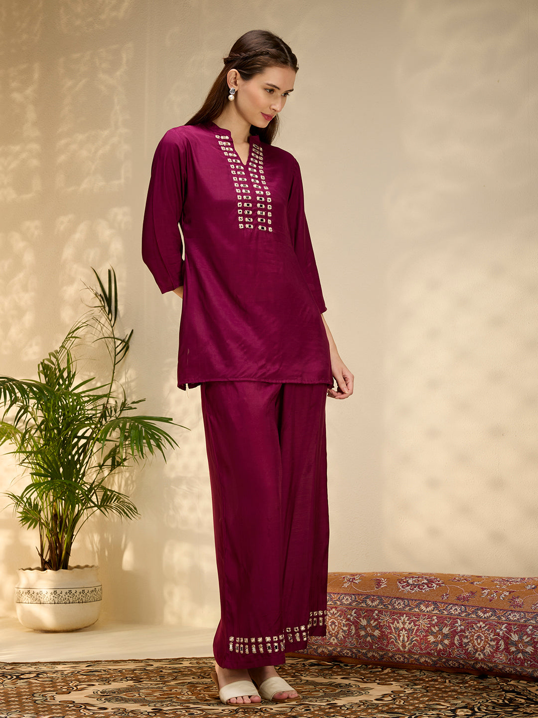 Solid Mirror Work Embroidered Straight Fit Co-ord Set - Burgundy