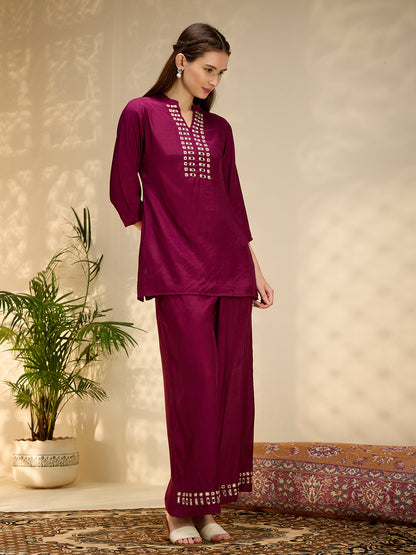 Solid Mirror Work Embroidered Straight Fit Co-ord Set - Burgundy