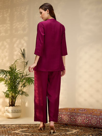Solid Mirror Work Embroidered Straight Fit Co-ord Set - Burgundy