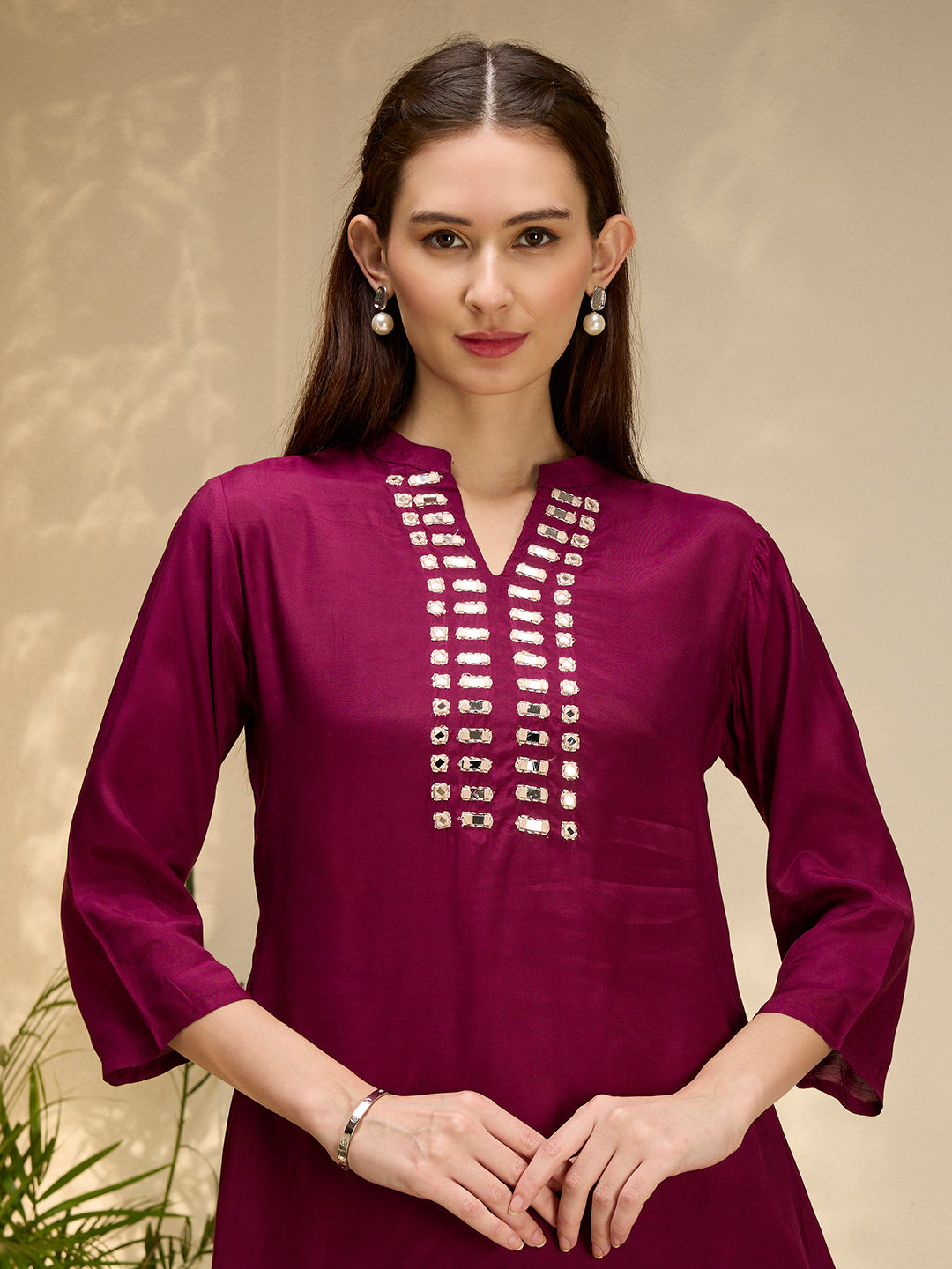 Solid Mirror Work Embroidered Straight Fit Co-ord Set - Burgundy