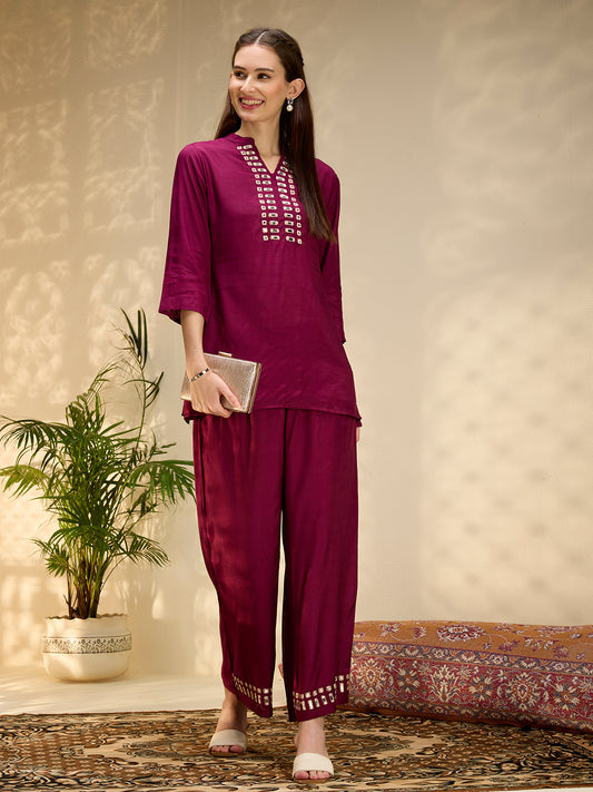 Solid Mirror Work Embroidered Straight Fit Co-ord Set - Burgundy