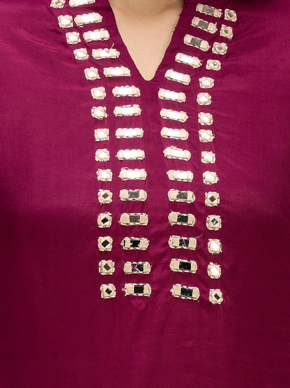 Solid Mirror Work Embroidered Straight Fit Co-ord Set - Burgundy