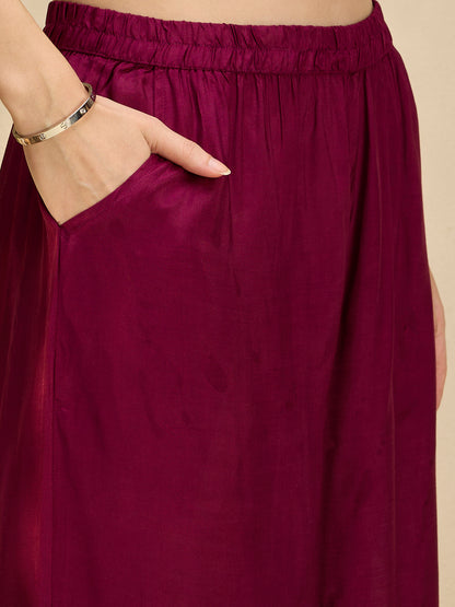 Solid Mirror Work Embroidered Straight Fit Co-ord Set - Burgundy