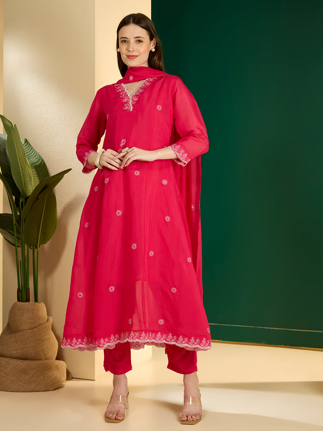 Solid Floral Embroidered A-Line Kurta with Pant & Dupatta - Pink