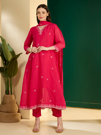 Solid Floral Embroidered A-Line Kurta with Pant & Dupatta - Pink