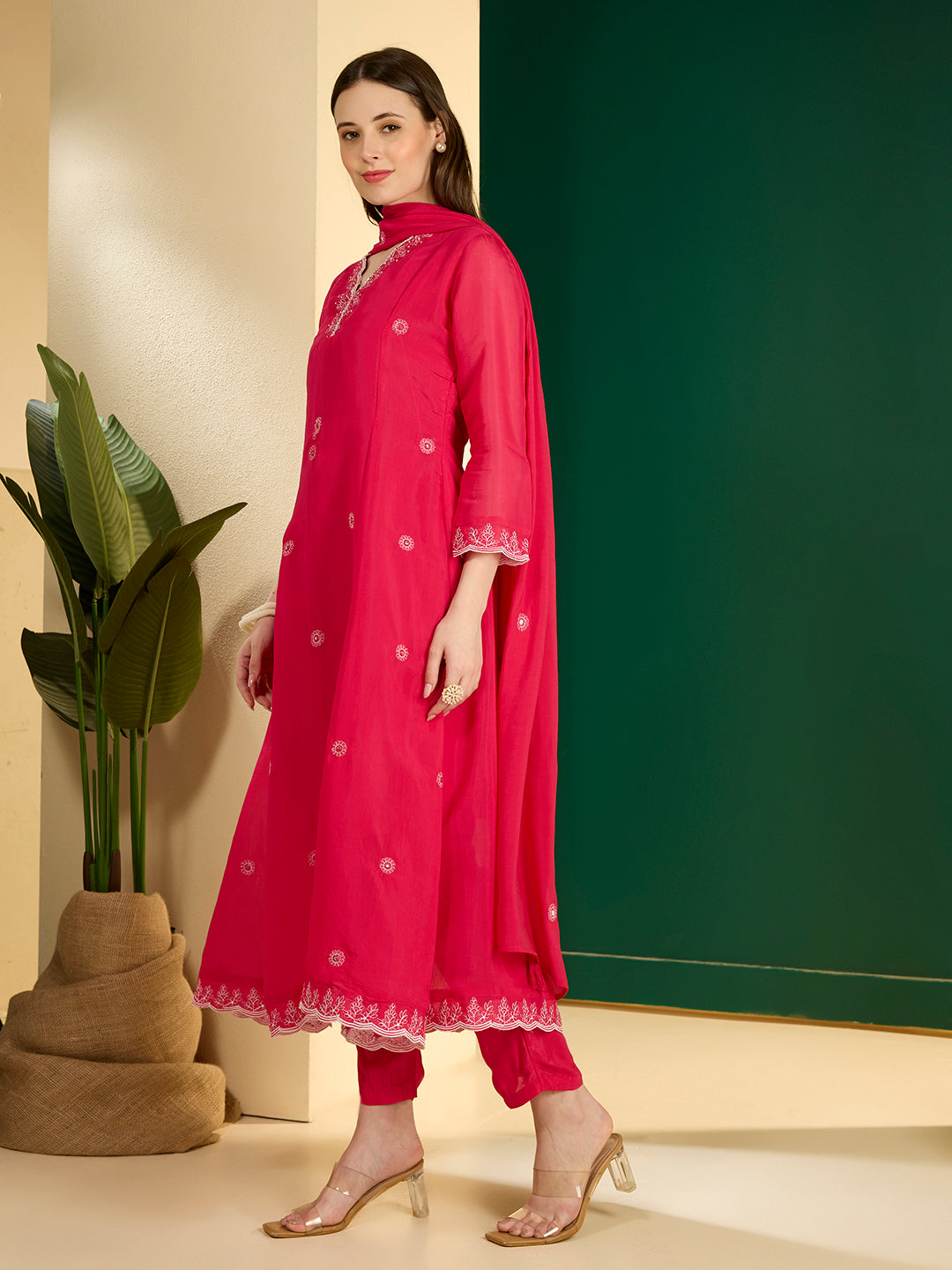 Solid Floral Embroidered A-Line Kurta with Pant & Dupatta - Pink