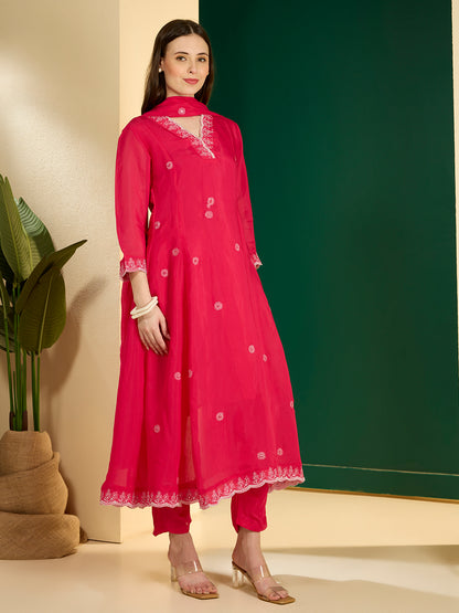Solid Floral Embroidered A-Line Kurta with Pant & Dupatta - Pink