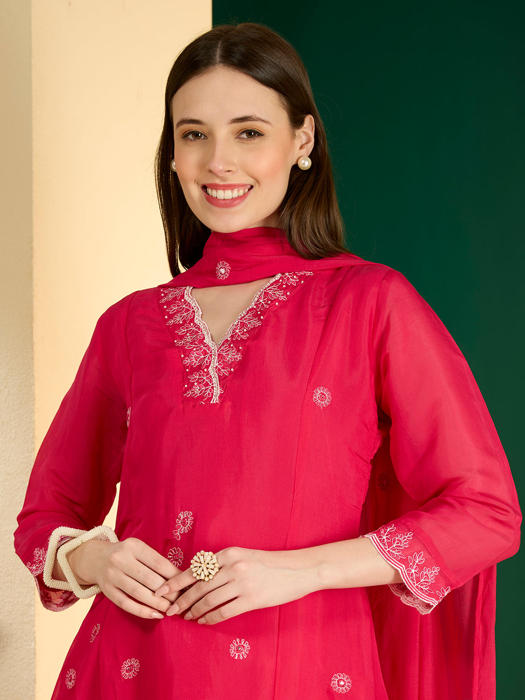 Solid Floral Embroidered A-Line Kurta with Pant & Dupatta - Pink