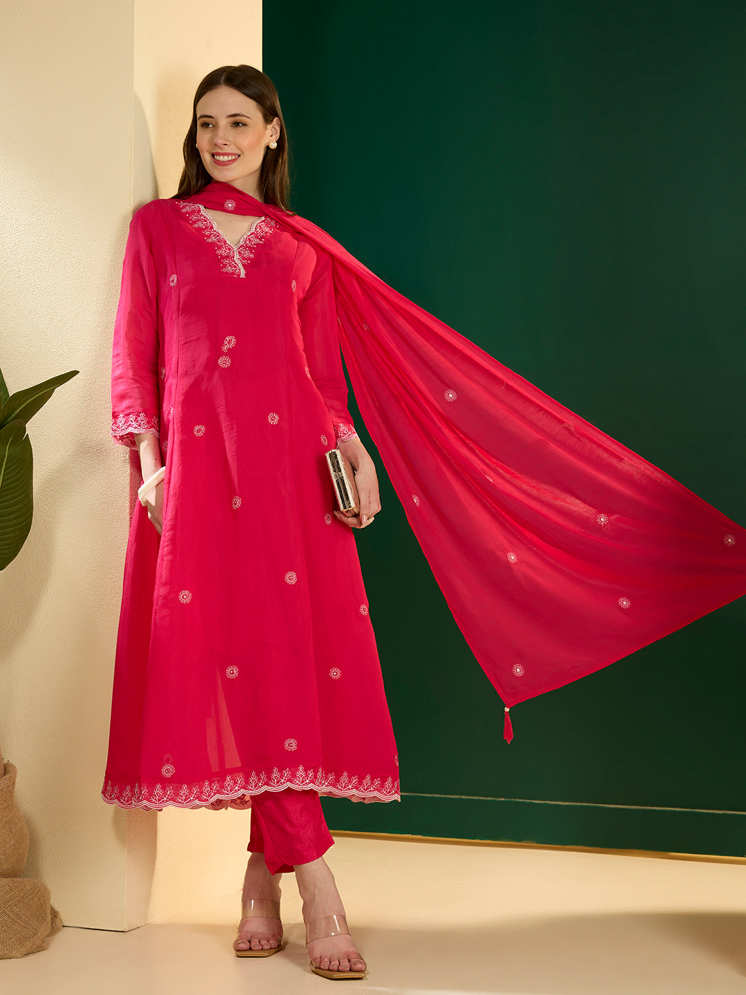Solid Floral Embroidered A-Line Kurta with Pant & Dupatta - Pink