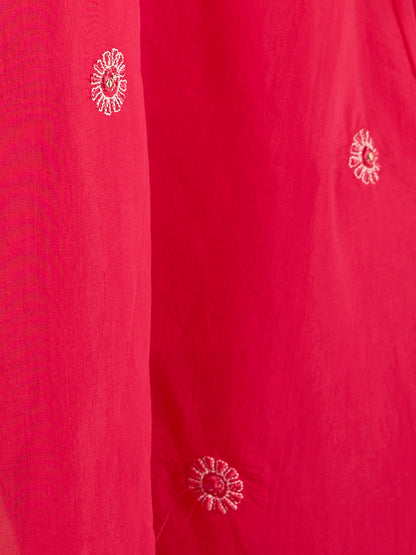 Solid Floral Embroidered A-Line Kurta with Pant & Dupatta - Pink