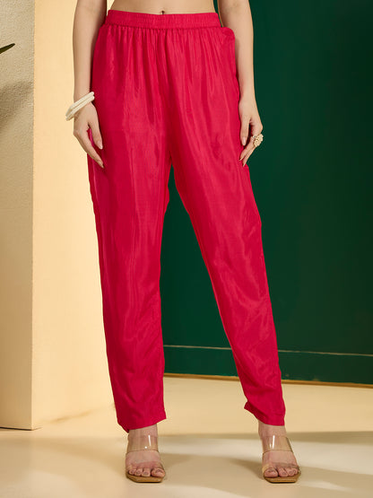 Solid Floral Embroidered A-Line Kurta with Pant & Dupatta - Pink