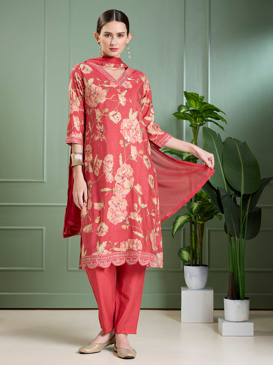 Floral Foil Printed Straight Kurta with Pant & Dupatta - Red