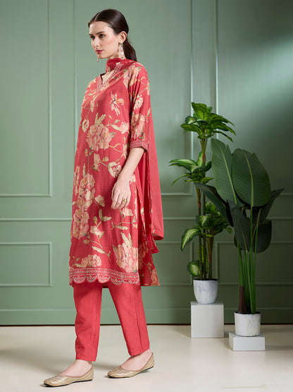 Floral Foil Printed Straight Kurta with Pant & Dupatta - Red