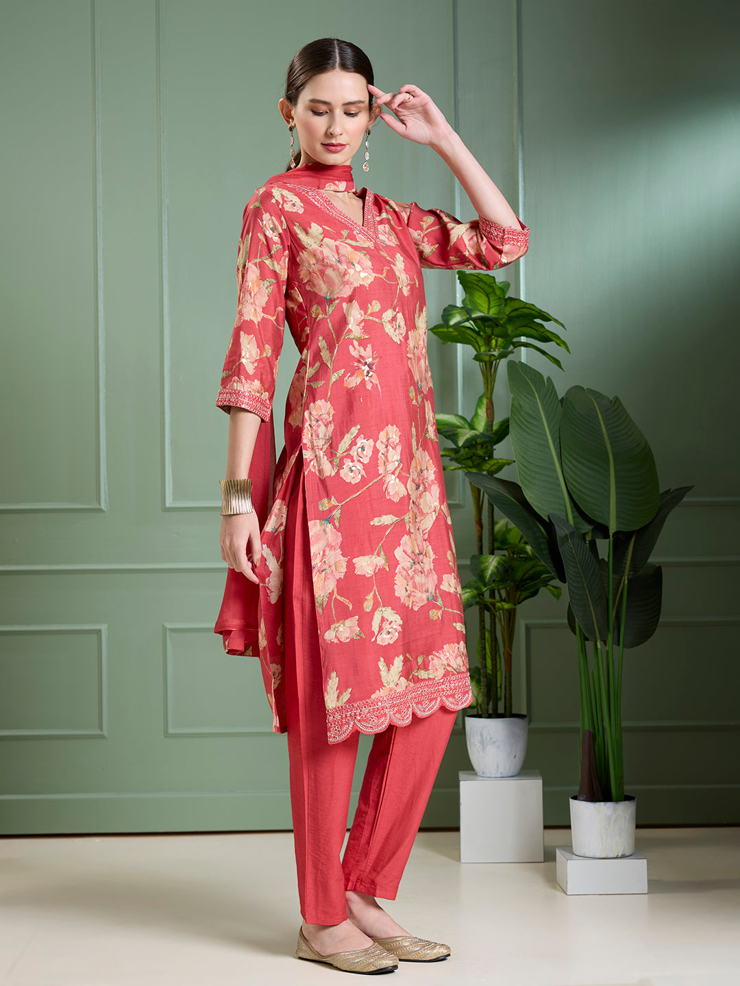 Floral Foil Printed Straight Kurta with Pant & Dupatta - Red