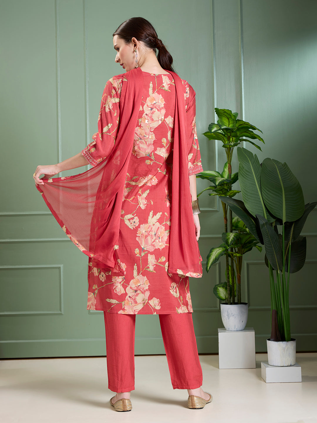 Floral Foil Printed Straight Kurta with Pant & Dupatta - Red