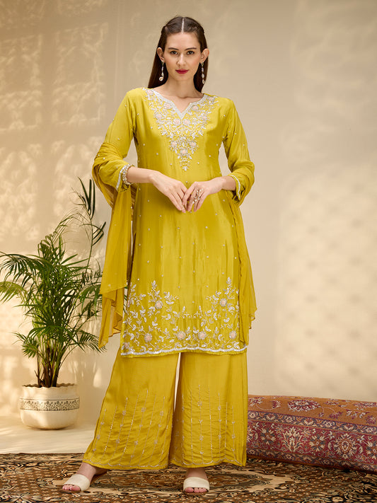 Solid Floral Hand Embroidered Straight Kurta with Palazzo & Dupatta - Mustard