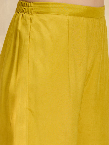 Solid Floral Hand Embroidered Straight Kurta with Palazzo & Dupatta - Mustard