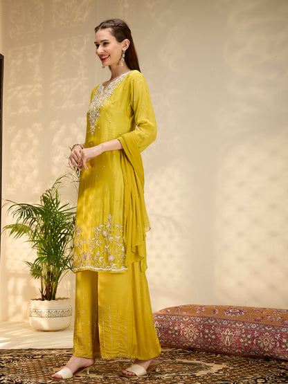 Solid Floral Hand Embroidered Straight Kurta with Palazzo & Dupatta - Mustard