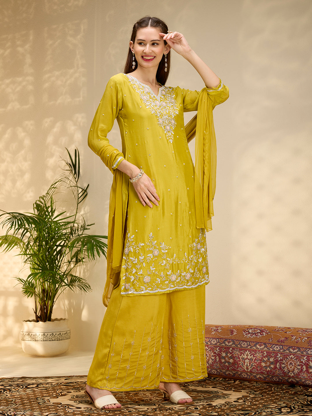 Solid Floral Hand Embroidered Straight Kurta with Palazzo & Dupatta - Mustard