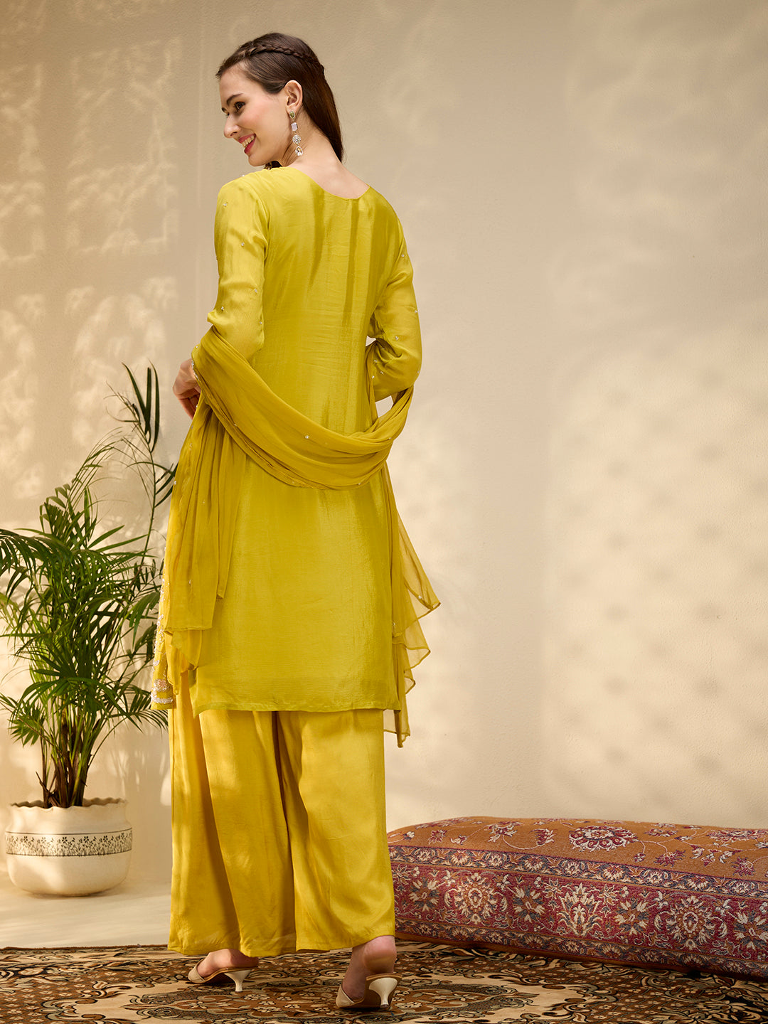 Solid Floral Hand Embroidered Straight Kurta with Palazzo & Dupatta - Mustard