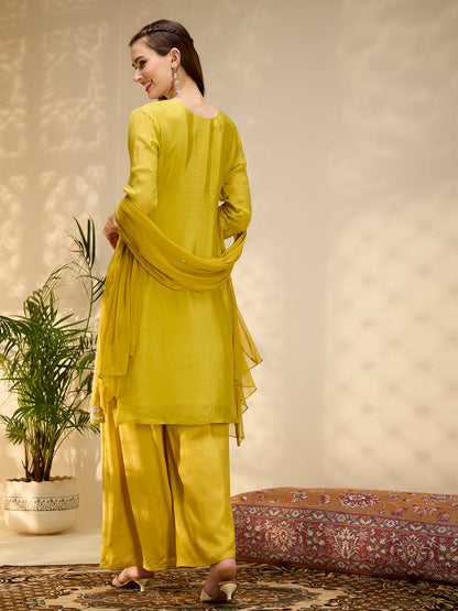 Solid Floral Hand Embroidered Straight Kurta with Palazzo & Dupatta - Mustard