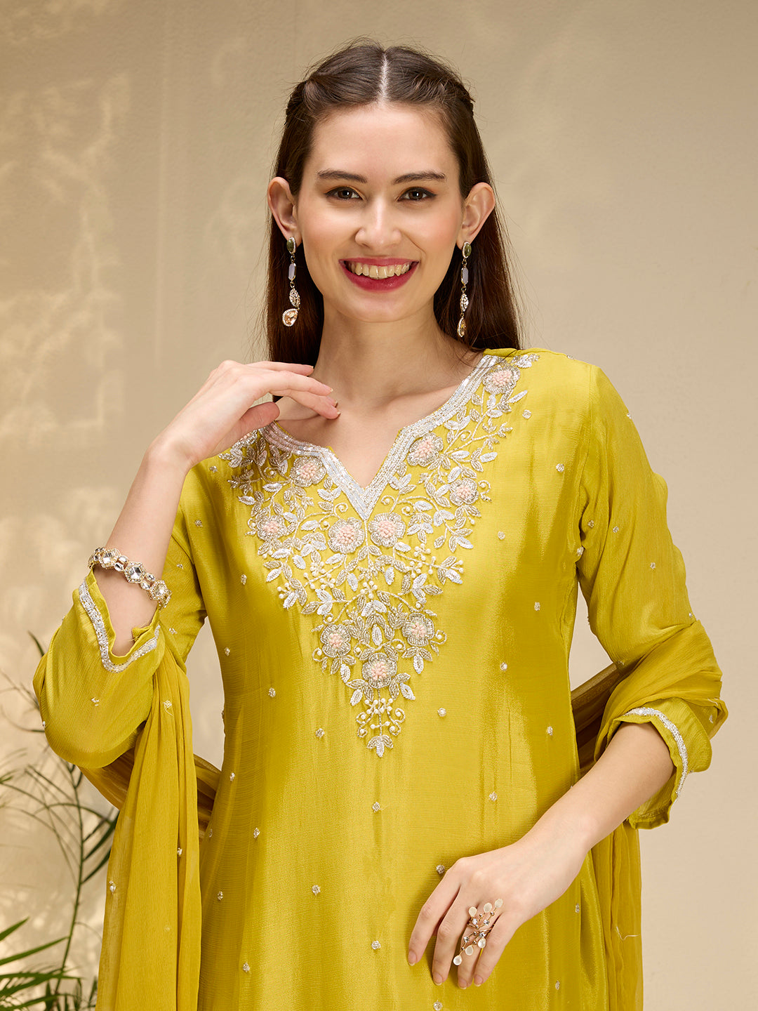 Solid Floral Hand Embroidered Straight Kurta with Palazzo & Dupatta - Mustard
