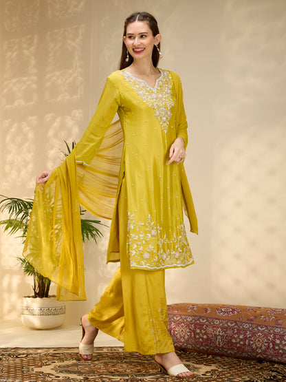 Solid Floral Hand Embroidered Straight Kurta with Palazzo & Dupatta - Mustard