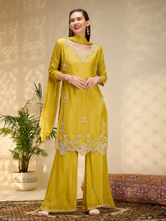 Solid Floral Hand Embroidered Straight Kurta with Palazzo & Dupatta - Yellow