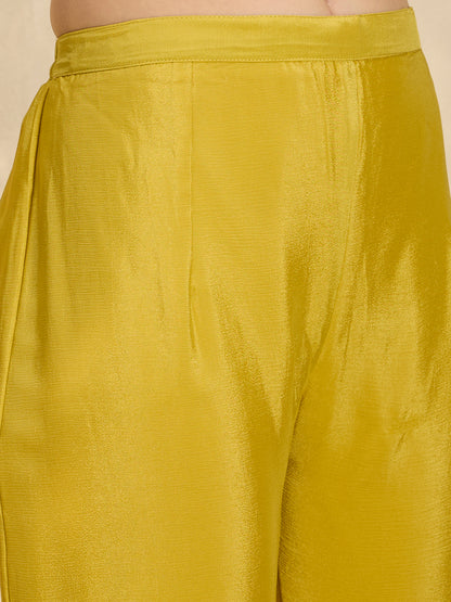 Solid Floral Hand Embroidered Straight Kurta with Palazzo & Dupatta - Yellow