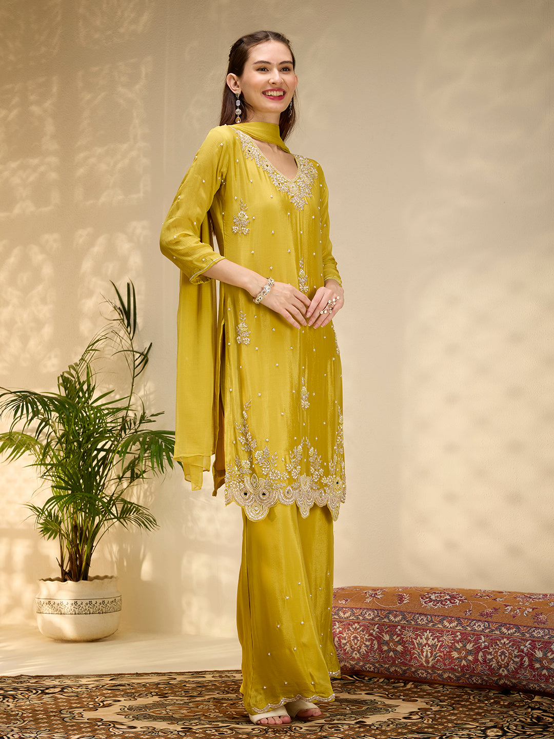 Solid Floral Hand Embroidered Straight Kurta with Palazzo & Dupatta - Yellow