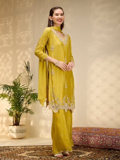 Solid Floral Hand Embroidered Straight Kurta with Palazzo & Dupatta - Yellow
