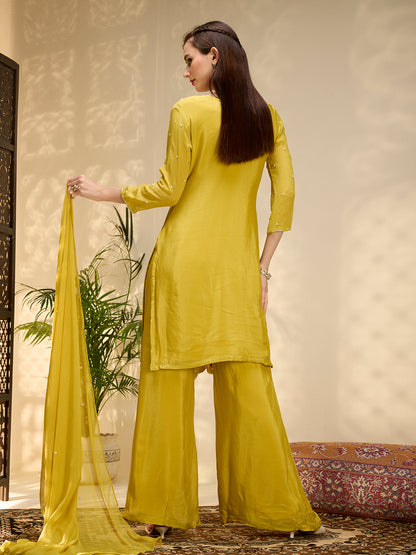 Solid Floral Hand Embroidered Straight Kurta with Palazzo & Dupatta - Yellow