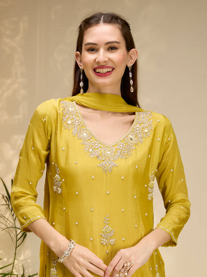 Solid Floral Hand Embroidered Straight Kurta with Palazzo & Dupatta - Yellow