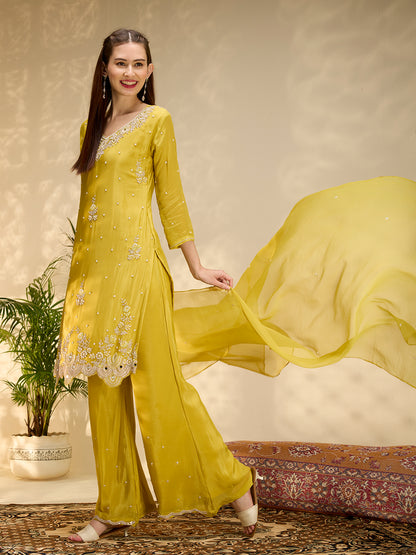 Solid Floral Hand Embroidered Straight Kurta with Palazzo & Dupatta - Yellow