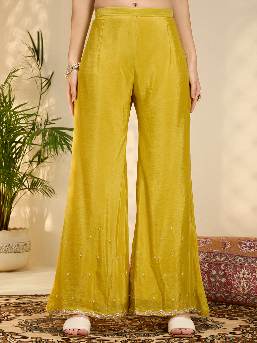Solid Floral Hand Embroidered Straight Kurta with Palazzo & Dupatta - Yellow