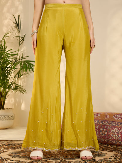 Solid Floral Hand Embroidered Straight Kurta with Palazzo & Dupatta - Yellow