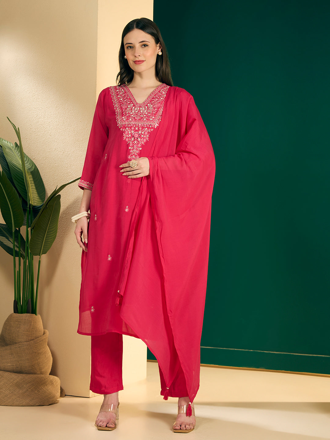 Solid Floral Embroidered Straight Kurta with Pant & Dupatta - Pink