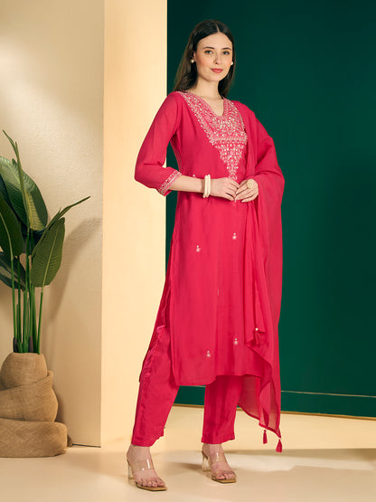 Solid Floral Embroidered Straight Kurta with Pant & Dupatta - Pink