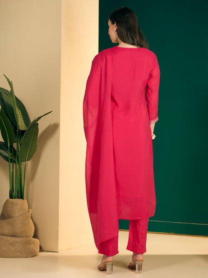 Solid Floral Embroidered Straight Kurta with Pant & Dupatta - Pink